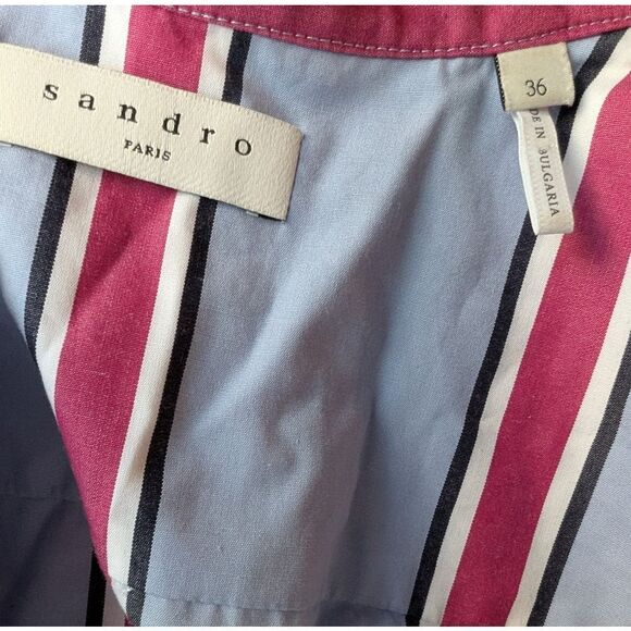 SANDRO Paris Mellow Stripe Blue Red Wrap Midi Shirt Dress Lace Inserts Size S - Picture 7 of 15